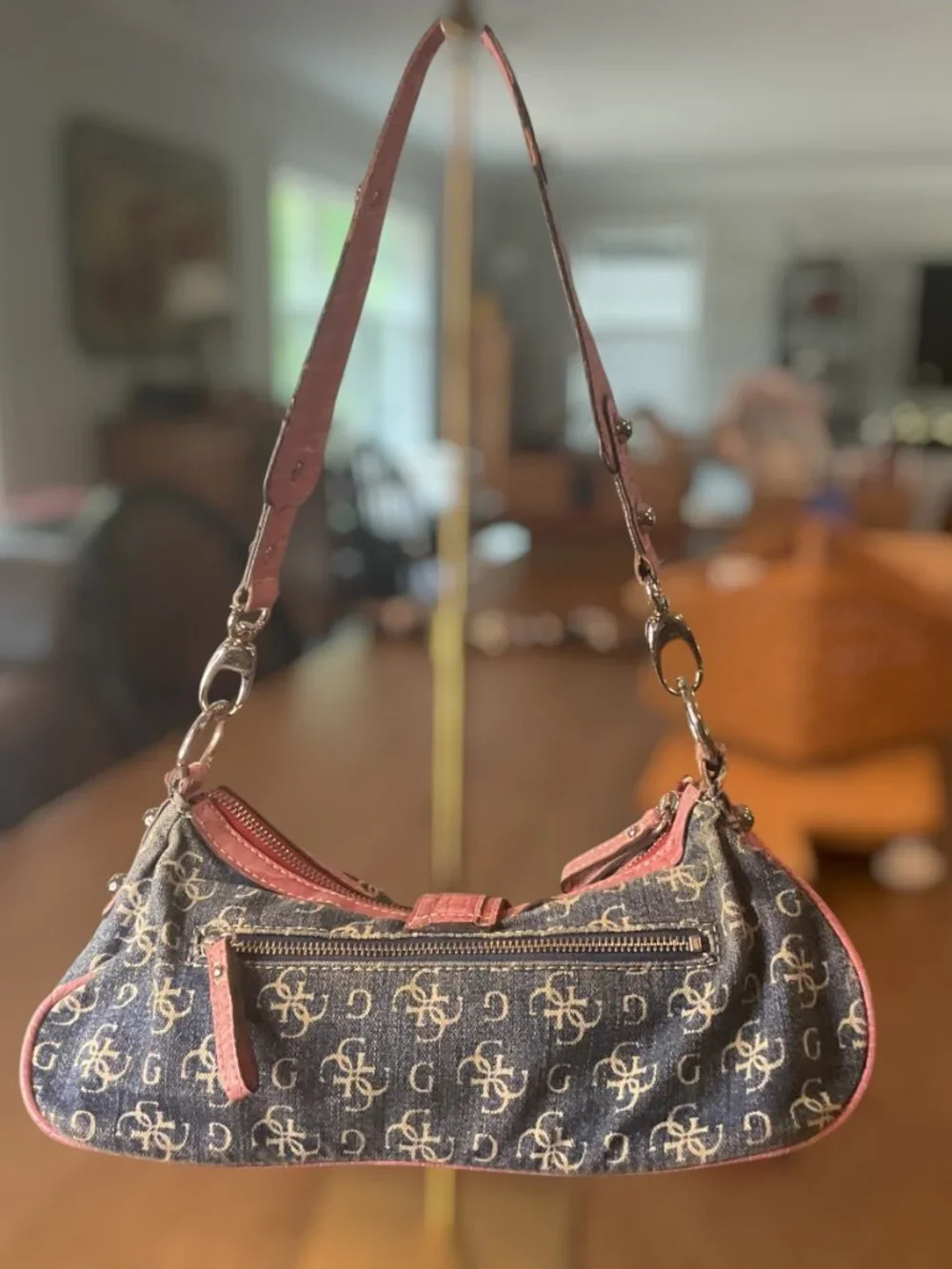 Vintage Guess Denim and Pink Snakeskin Baguette Shoulder Bag Y2K Aesthetic RARE